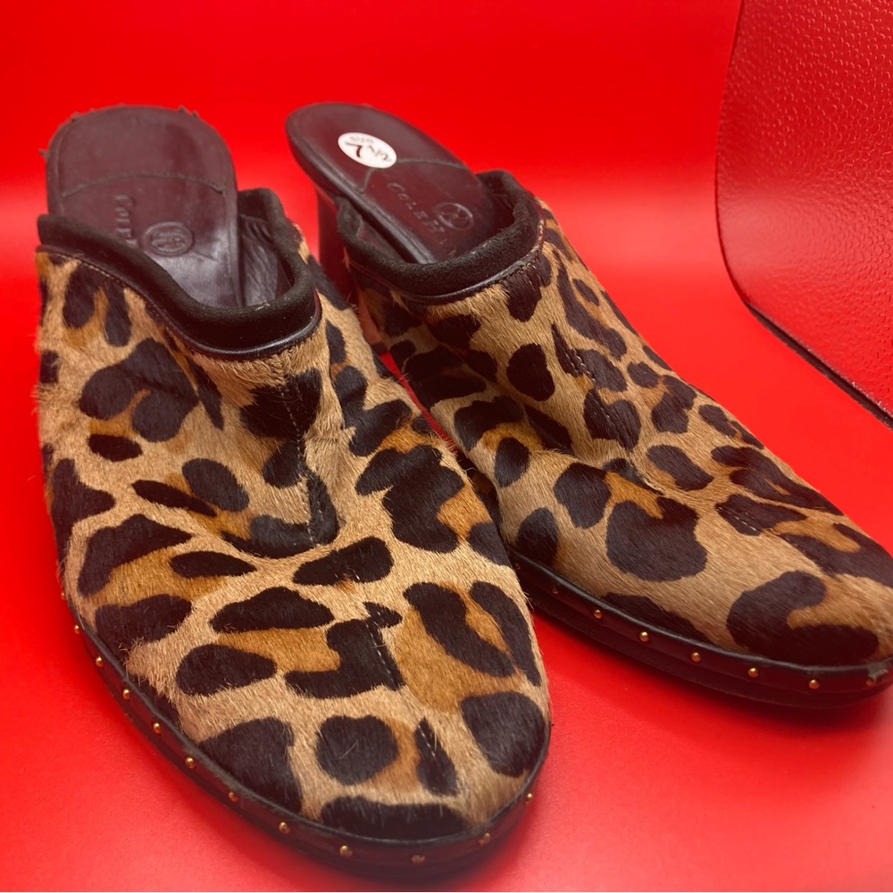 Cole Haan Leopard Print Calf Fur Heeled Mules